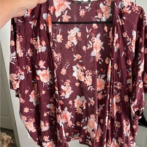 Francesca's Collections Floral Kimono - Burgundy and Pink